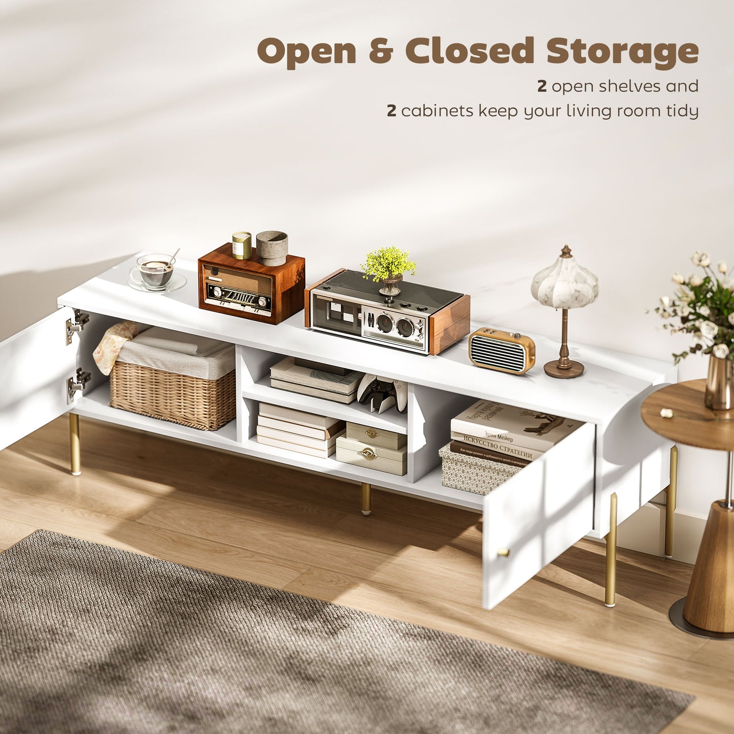 TV Stand for TVs up to 65", Entertainment Center with 2 Open Shelves, 2 Cabinets and Steel Legs for Living Room, White