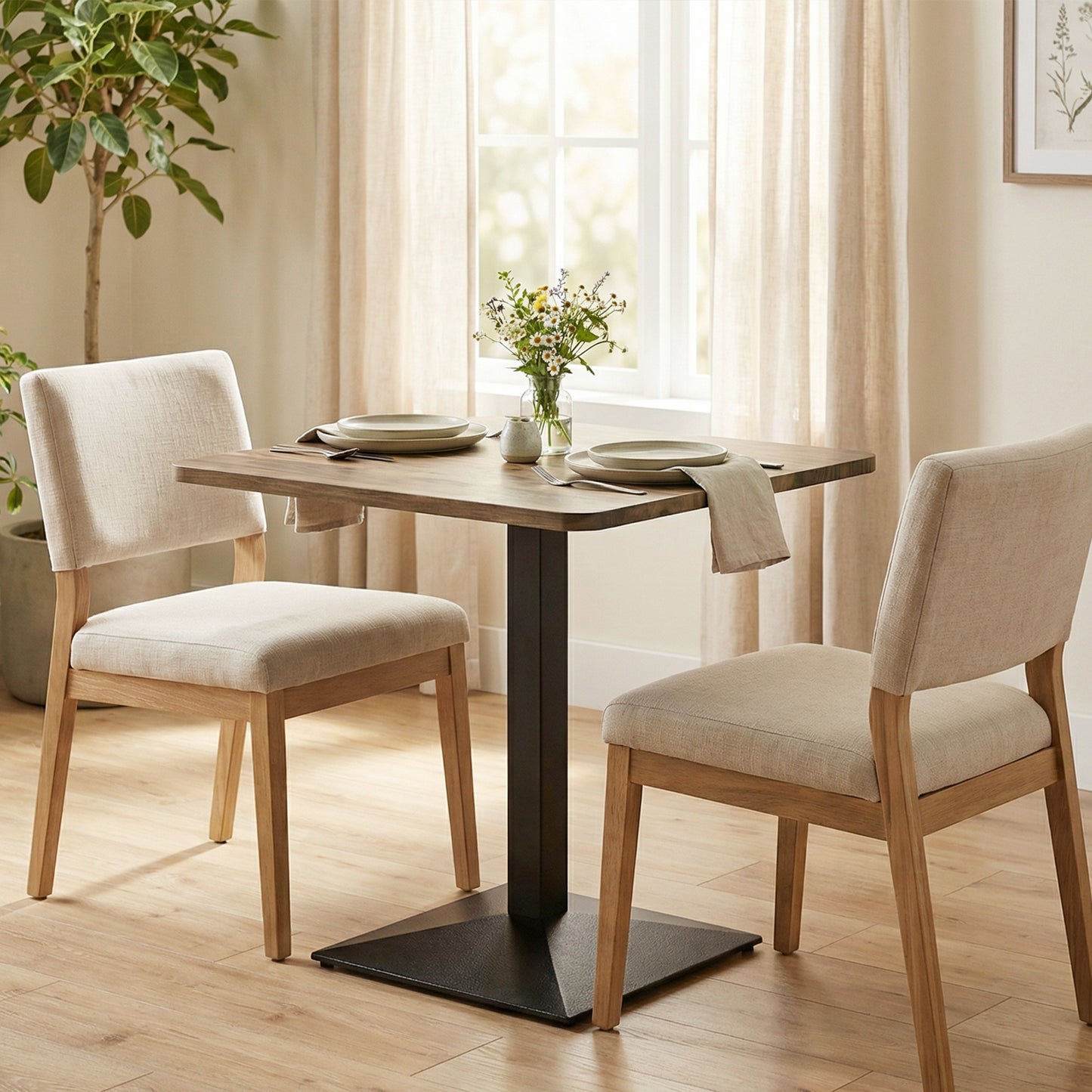 28" Square Dining Table, Modern Dining Room Table with Steel Base, Space Saving Small Kitchen Table, Walnut Wood Grain