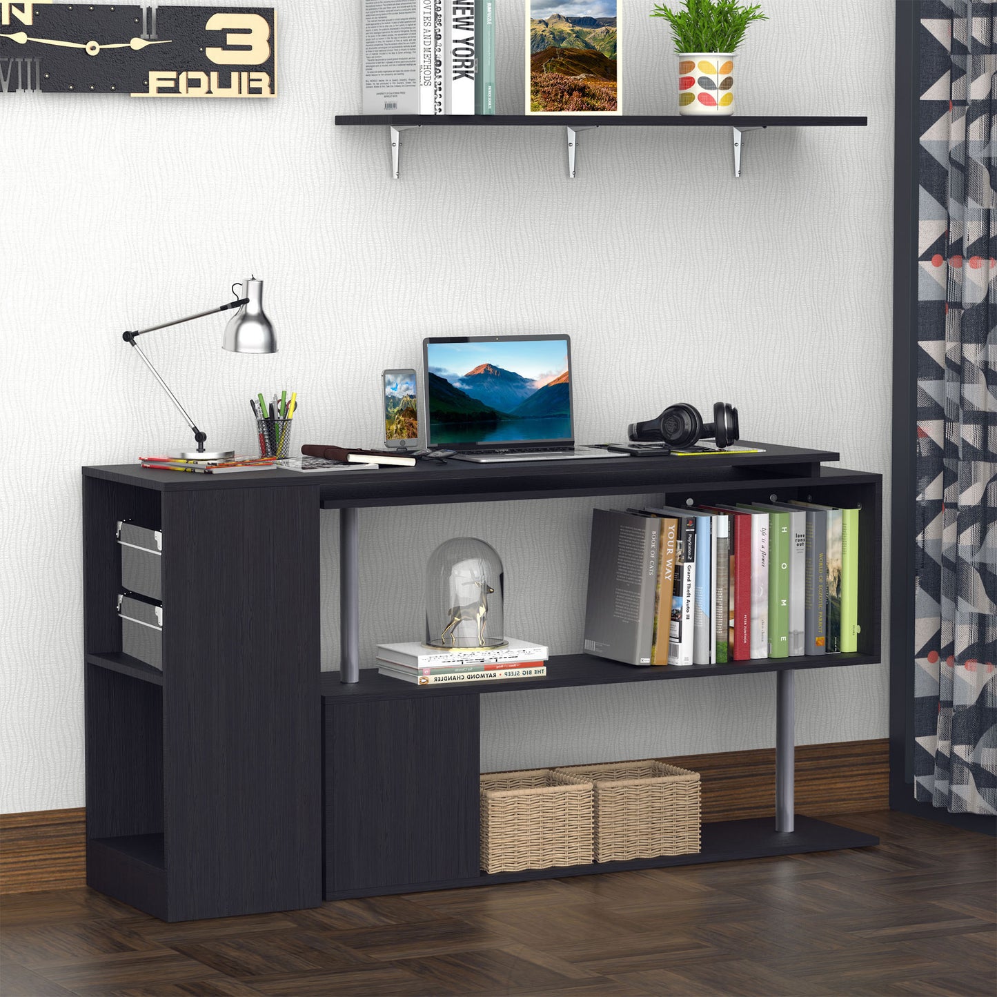55" Corner Computer Desk, 360° Rotating L-Shaped Desk, Home Office Workstation with 3-Tier Shelves, Black