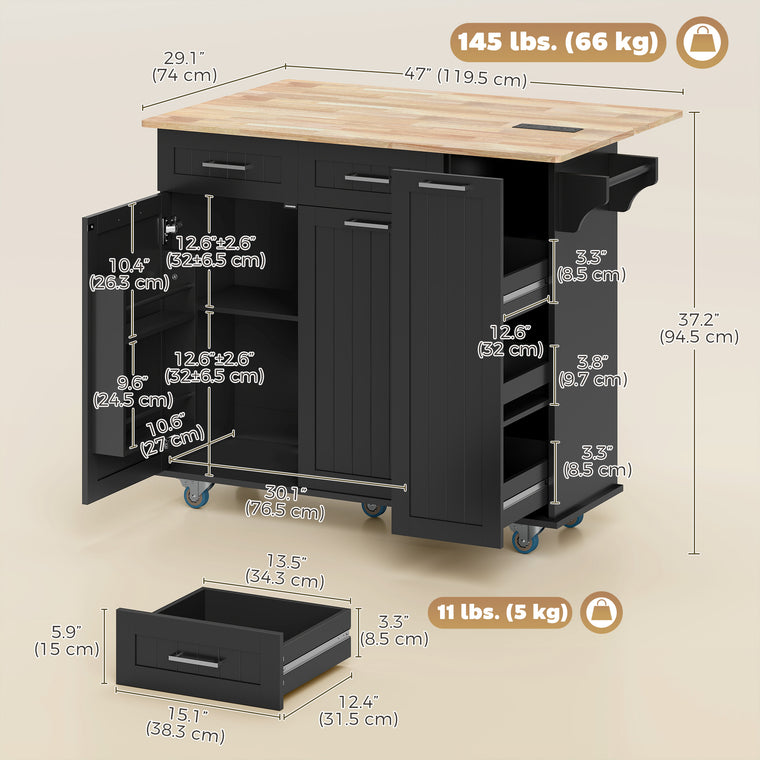 Rolling Kitchen Island with Drop Leaf and Charging Station