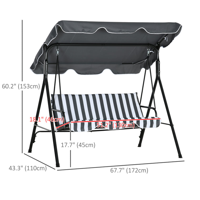 3-Seater Porch Swing Chair with Adjustable Canopy - Grey & White