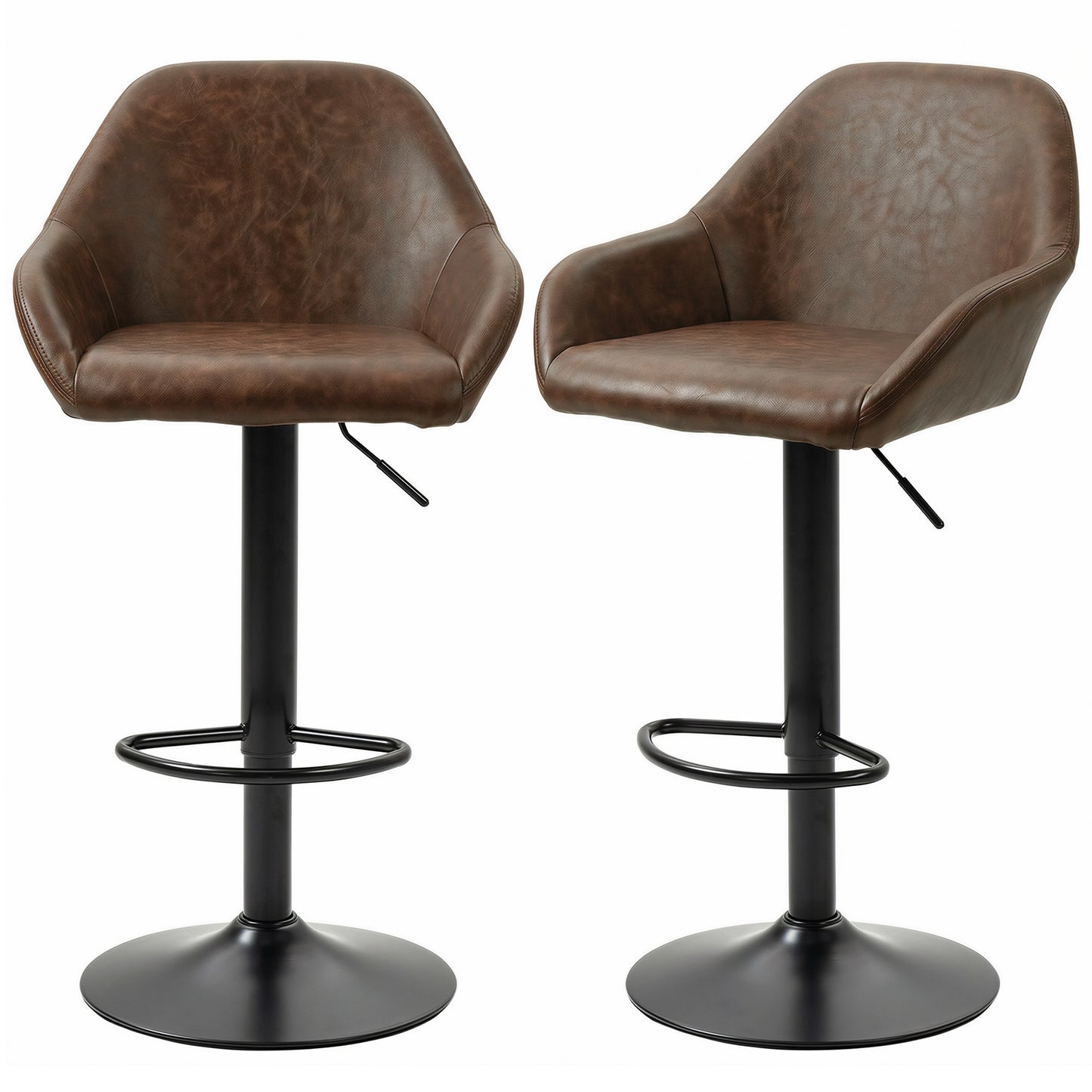 Adjustable Bar Stools Set of 2, Swivel Barstools with Footrest and Back, PU Leather and Steel Round Base, Coffee