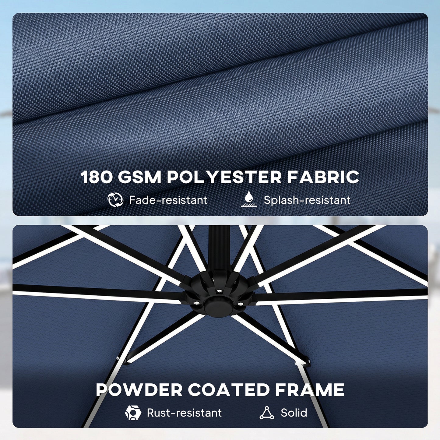 10 ft Offset Patio Umbrella with Solar Light, Garden Hanging Parasol with 360° Rotation, Tilt, Cover, Navy Blue