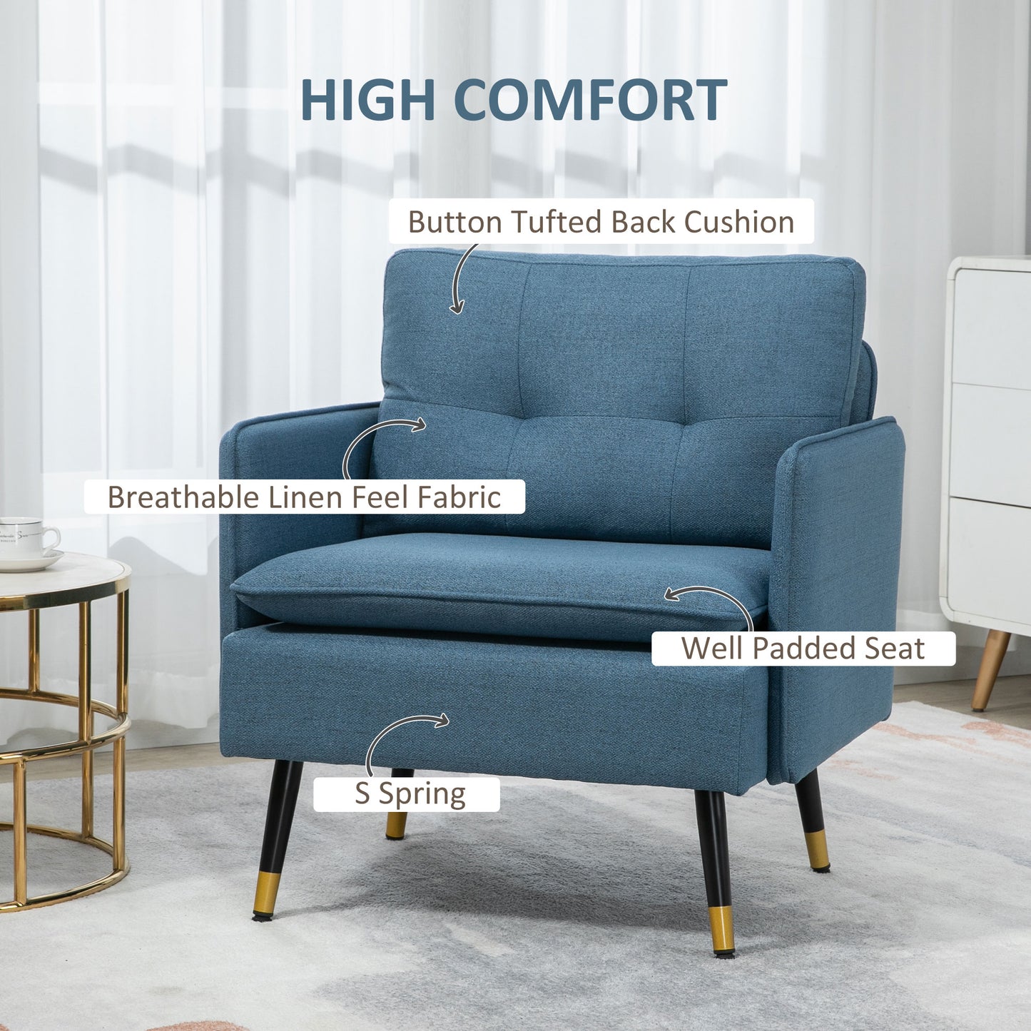 Accent Chair, Upholstered Armchair with Tufted Back Cushion and Steel Legs for Living Room, Bedroom, Blue