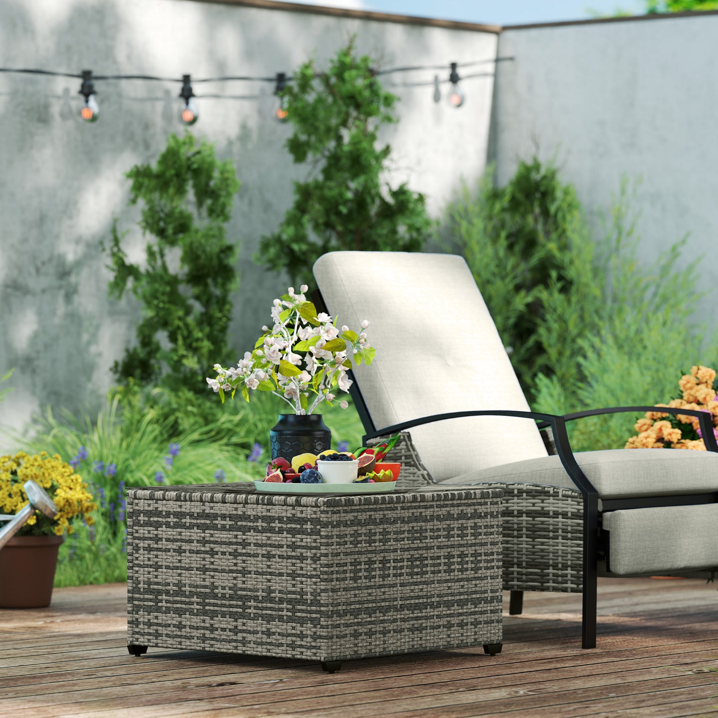 24.4" Patio Wicker Coffee Table, PE Rattan Outdoor Side Table with Tempered Glass Top, Light Grey