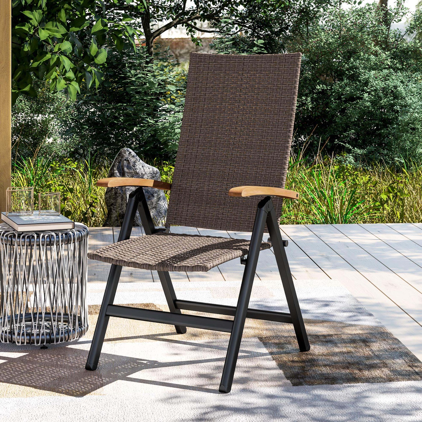 Folding Wicker Patio Dining Chair with 5-level Reclining Back, Wooden Armrests for Outdoor, Garden, Backyard, Brown