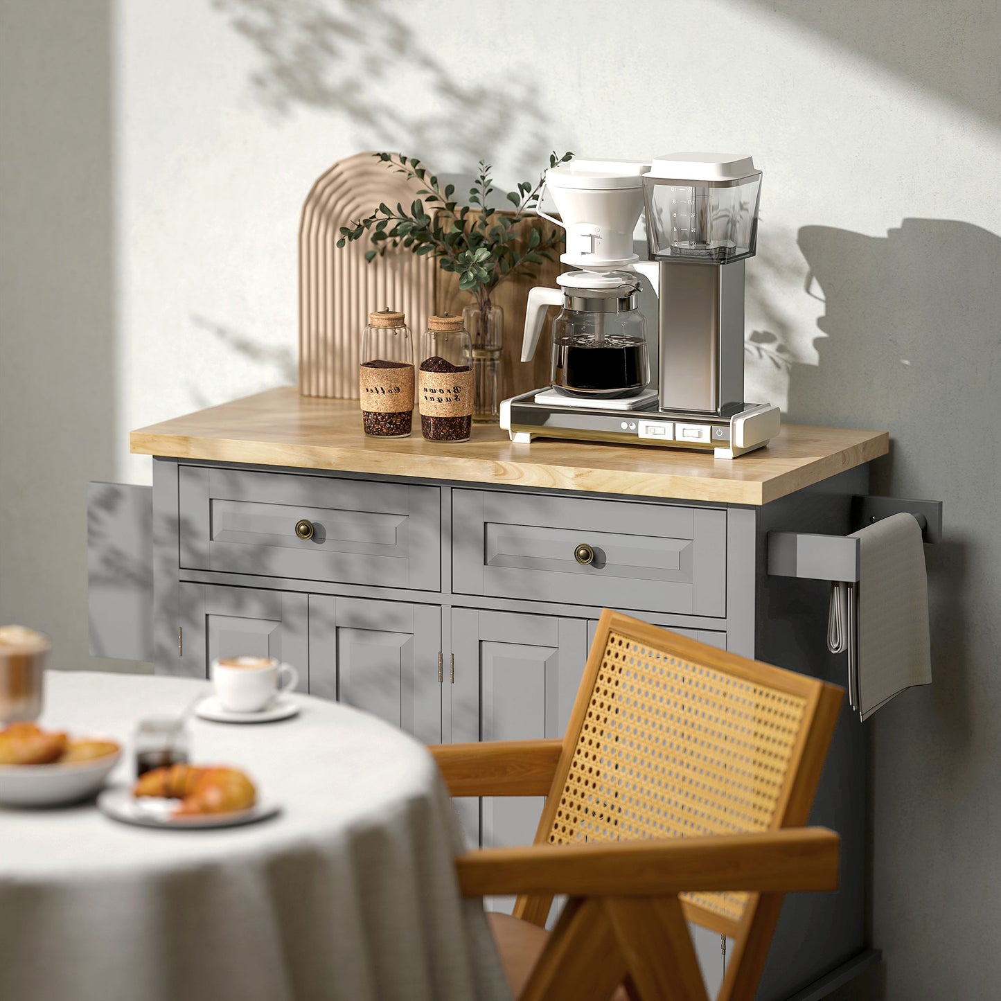Kitchen Island with Storage, Rolling Trolley Cart with Rubber Wood Top, Spice Rack, Towel Rack, 2 Locking Brakes, Grey