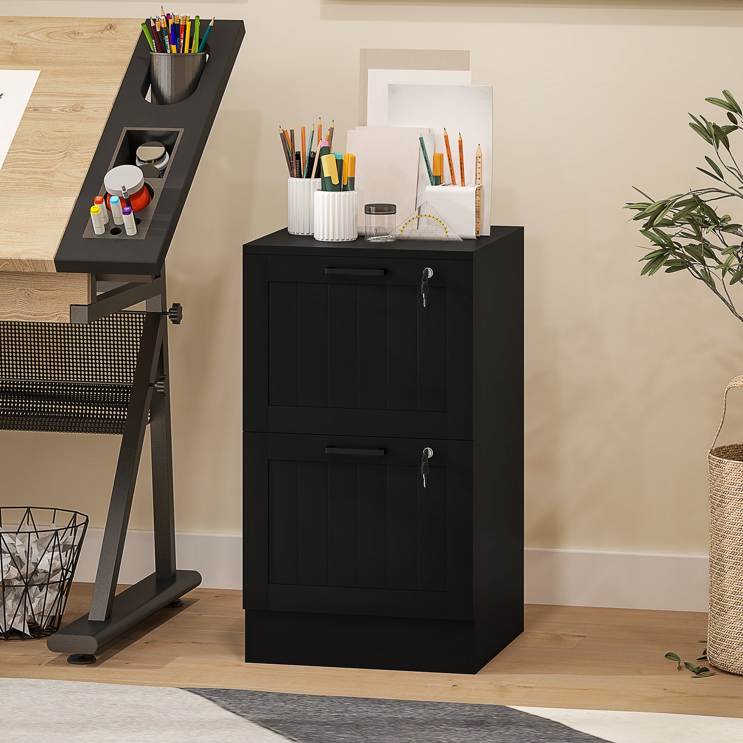 2 Drawer Filing Cabinet with Lock, Office Storage Cabinet with Adjustable Hanging Bars for A4 Letter Size Files, Black