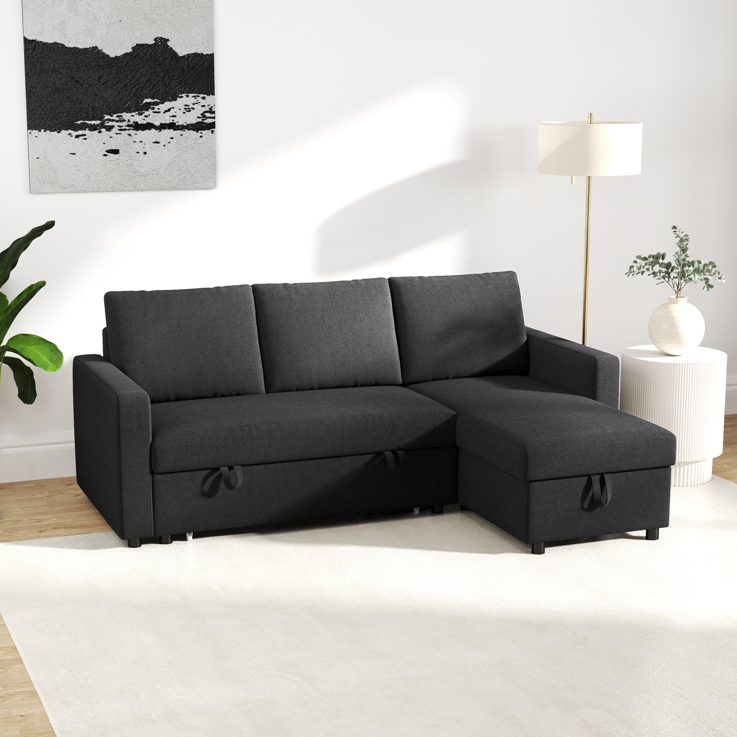 83" Pull-Out Sleeper Sectional with Storage Chaise - Black