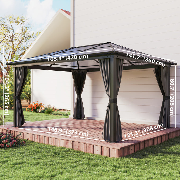 12' x 15' Dark Grey Hardtop Gazebo with Polycarbonate Roof & Curtains