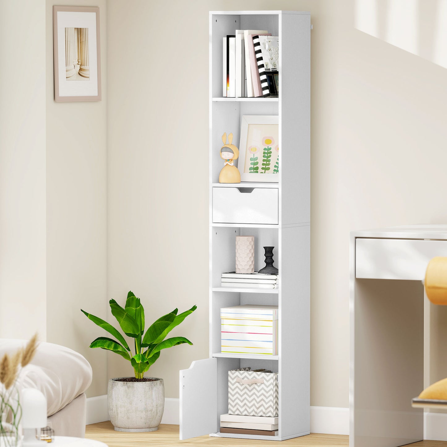 6-Tier Bookcase, Tall Narrow Bookshelf with Drawer and Door, White