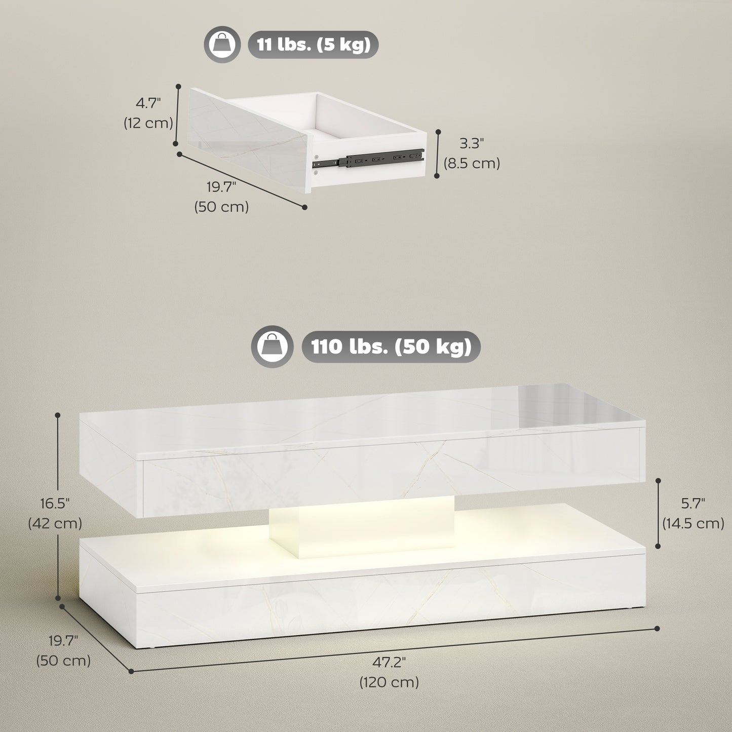 Coffee Table with Adjustable LED Lights, Center Table with 2 Drawers, Open Shelf, Remote, High Gloss Marble-Effect White