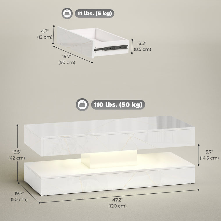 LED Coffee Table with 2 Drawers and Shelf