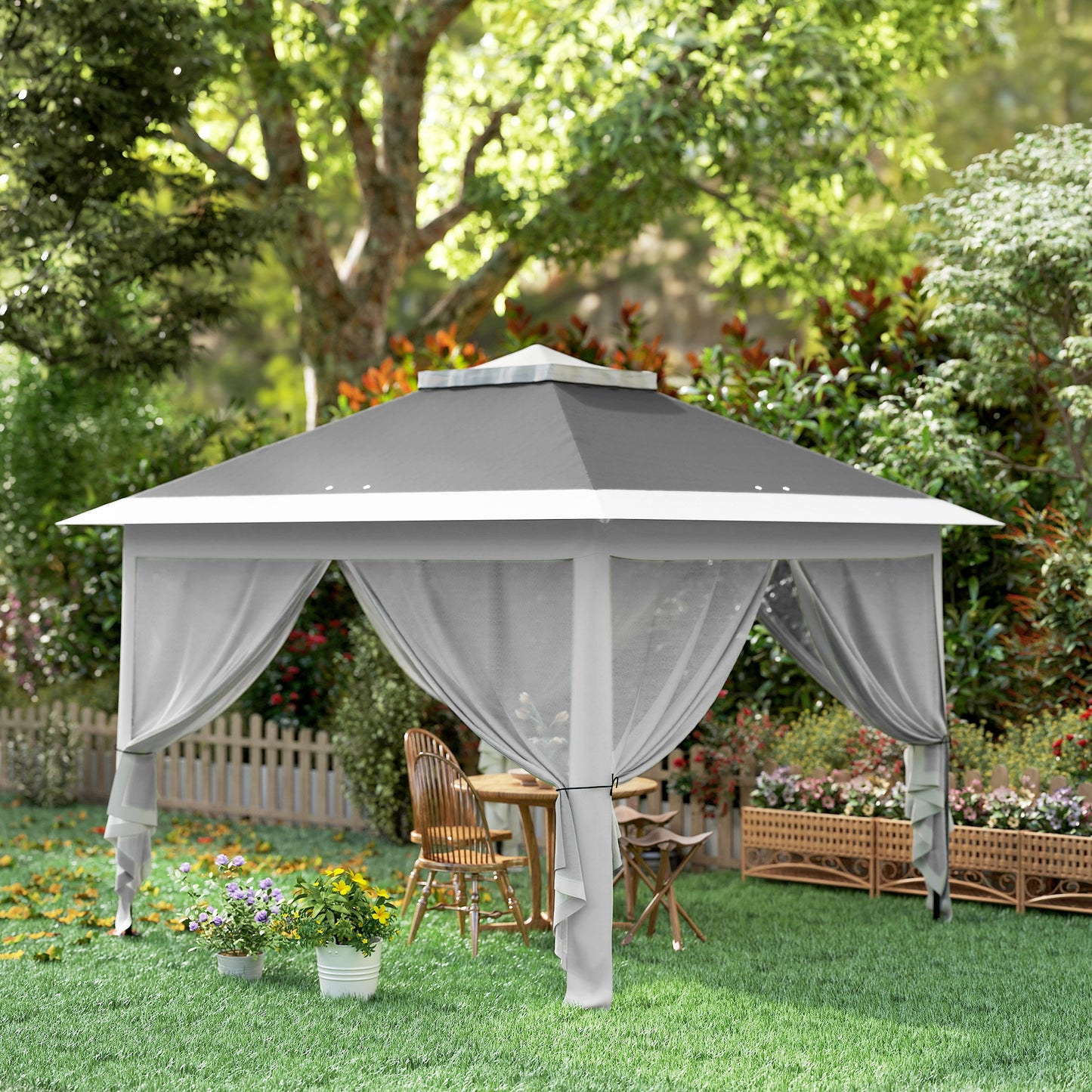 11' x 11' Pop Up Gazebo, Double Roof Foldable Height Adjustable Canopy Tent with Mesh Sidewalls, Carrying Bag, Dark Grey