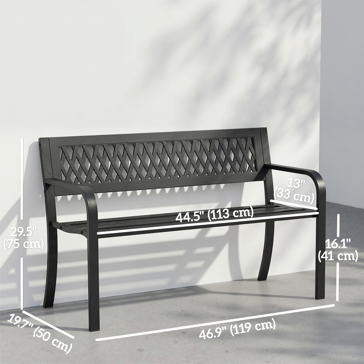 Outdoor Bench with Floral Backrest 2 Seater Garden Bench with Armrests for Yard Park Balcony Black