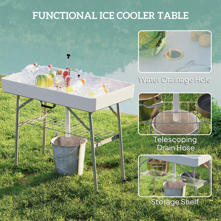 3.4' White Folding Ice Cooler Table with Drain & Storage Shelf