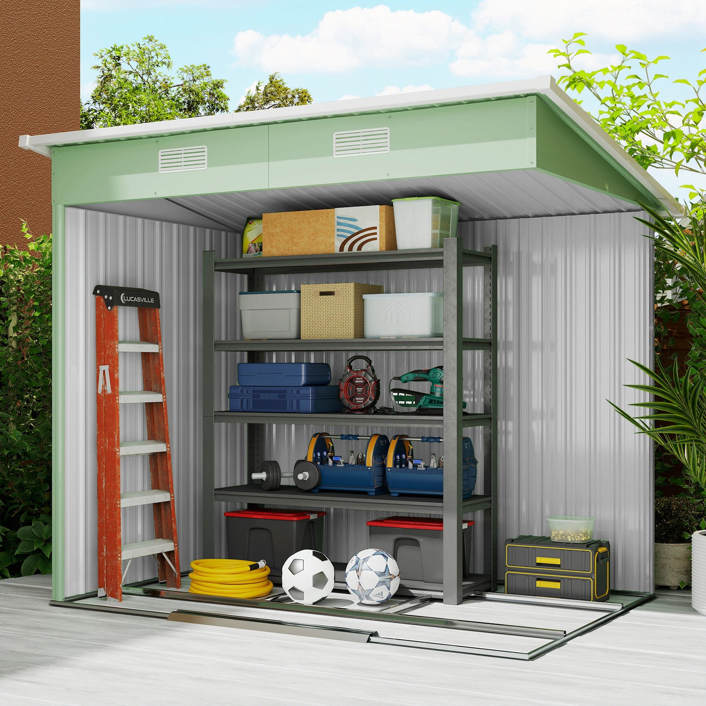 7'x 4' Metal Patio Storage Shed Garden Lockable Shed Tool Utility Storage Unit, Light Green