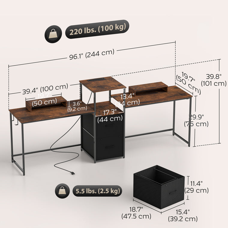 96" Dual Gaming Desk with Power Outlets and Monitor Stands