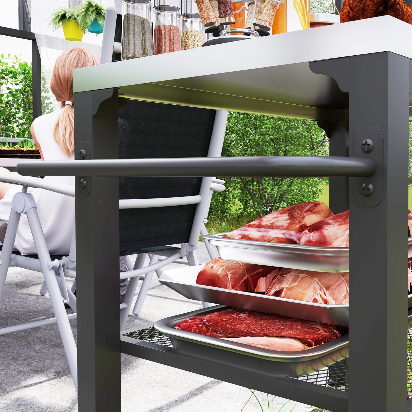 3-Shelf Outdoor Grill Cart Table with Stainless Steel Top, Hooks, Pizza Oven Stand on Wheels
