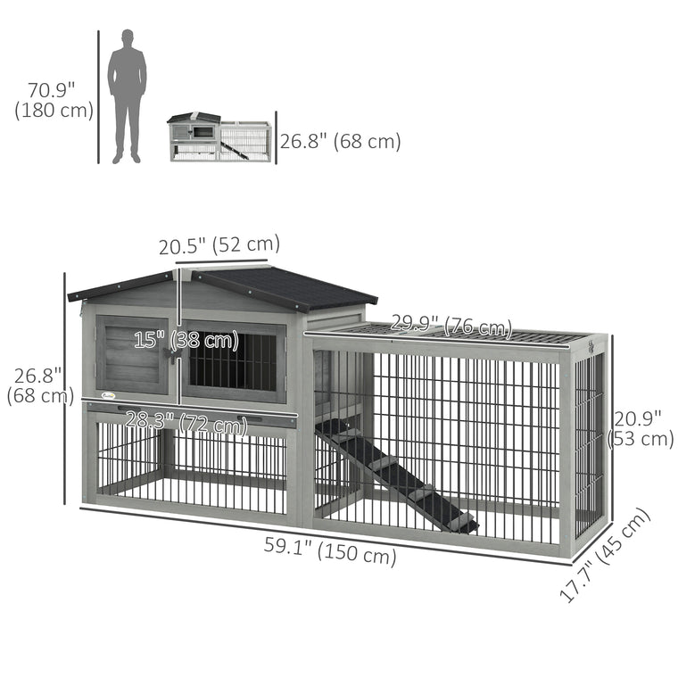 Light Grey Wood Rabbit Hutch with Ramp & Openable Roof