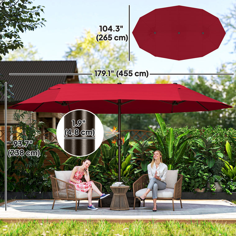 15' Wine Red Steel Table Umbrella with Twin Canopy & Lift Crank