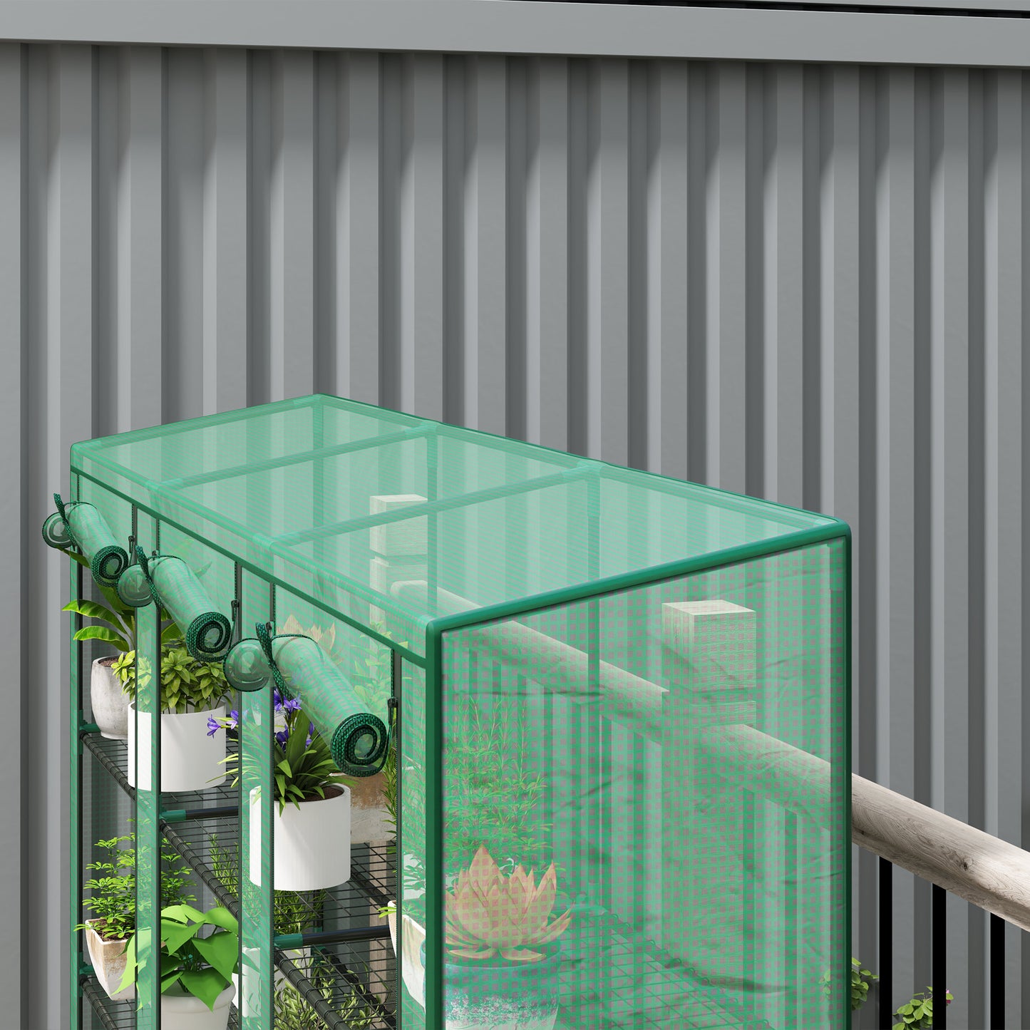 Lean-to Greenhouse with 3 Tier Shelves, Mini Greenhouse with 3 Roll-Up Doors for Indoor Outdoor, Green