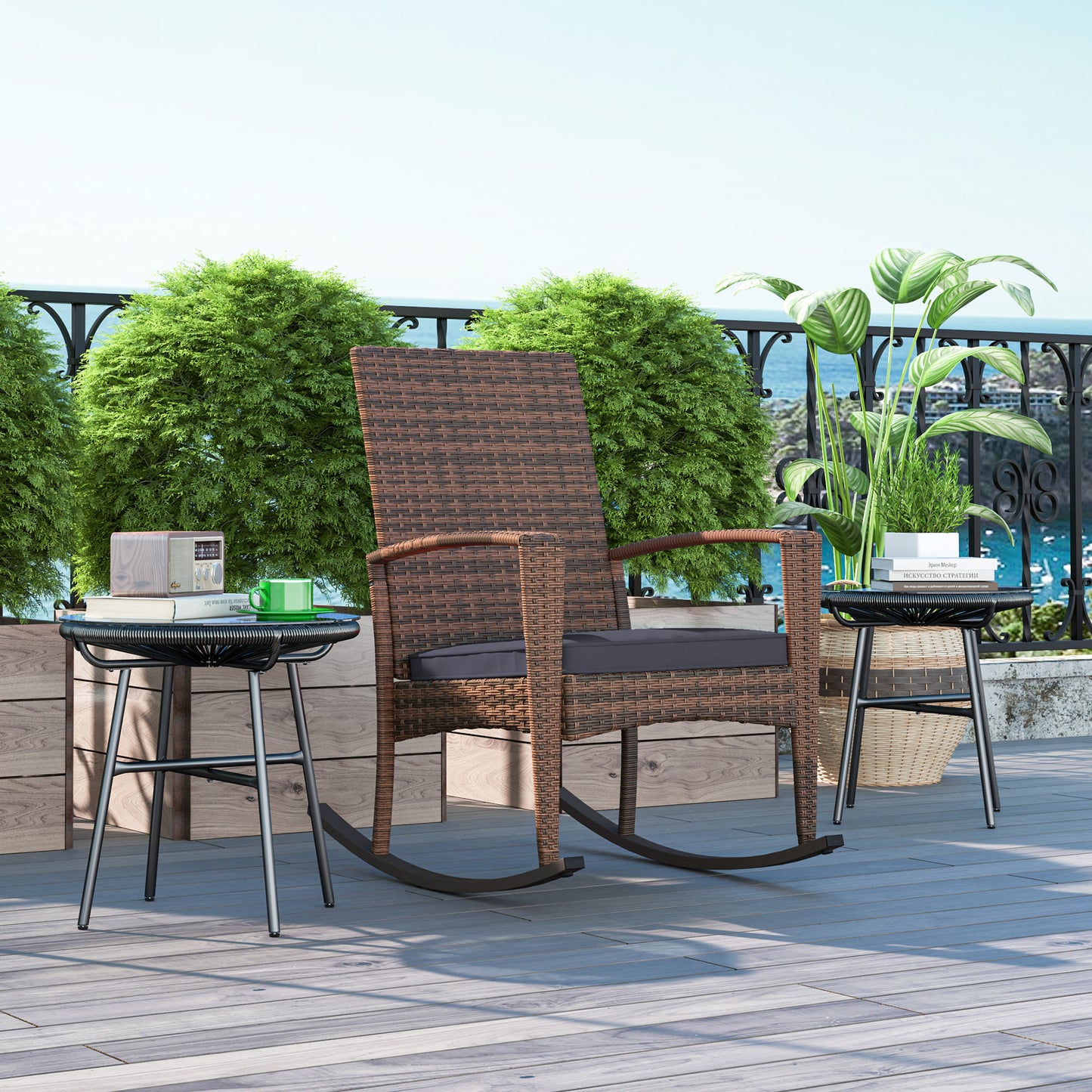 Outdoor PE Rattan Rocking Chair, Garden Glider Rocking Chair, Wicker Patio Chair Set with Armrest and Cushion, Wine Red