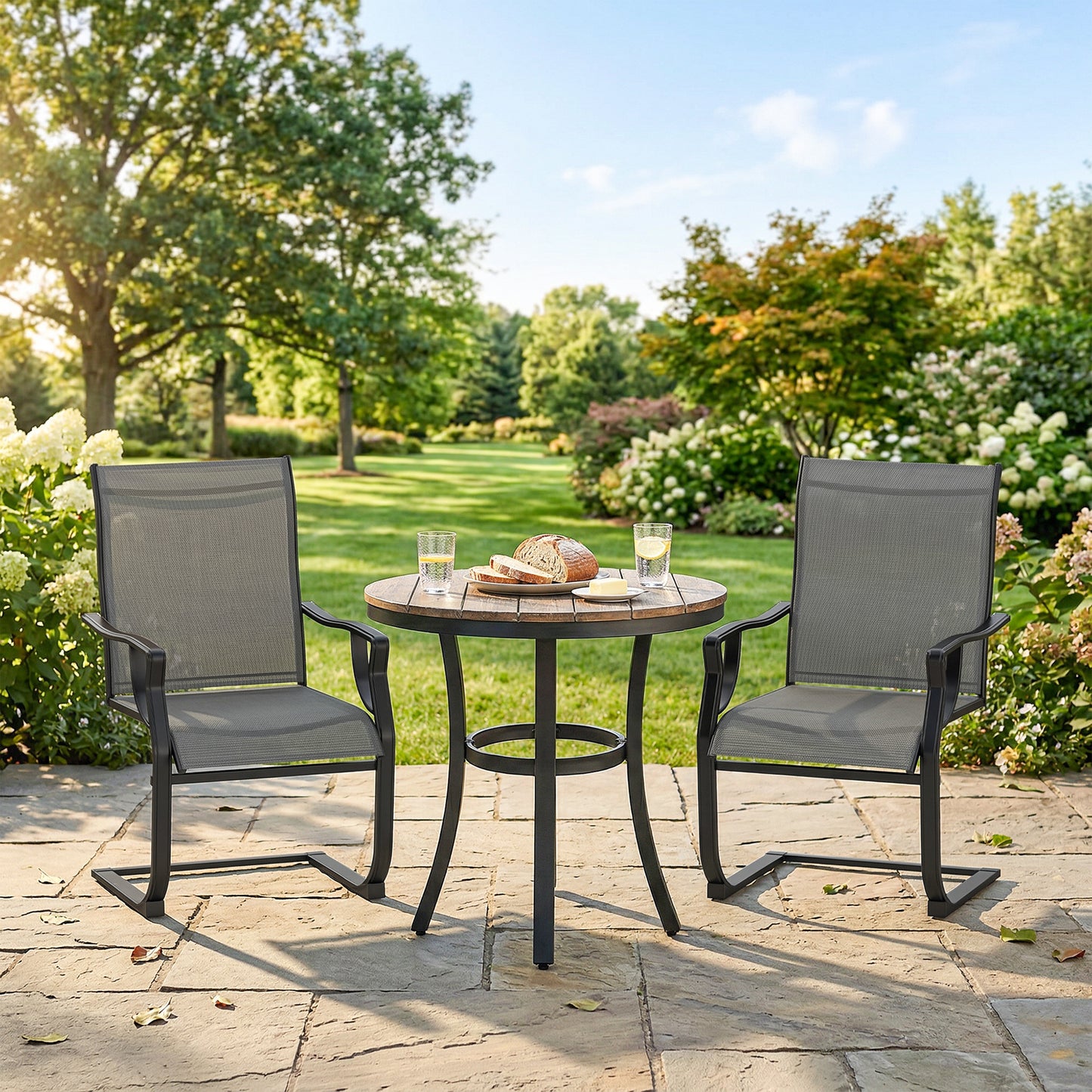 C Spring Motion Patio Chairs Set of 2 with Curved High Backrest, Armrest, All Weather Breathable Fabric, Metal Frame