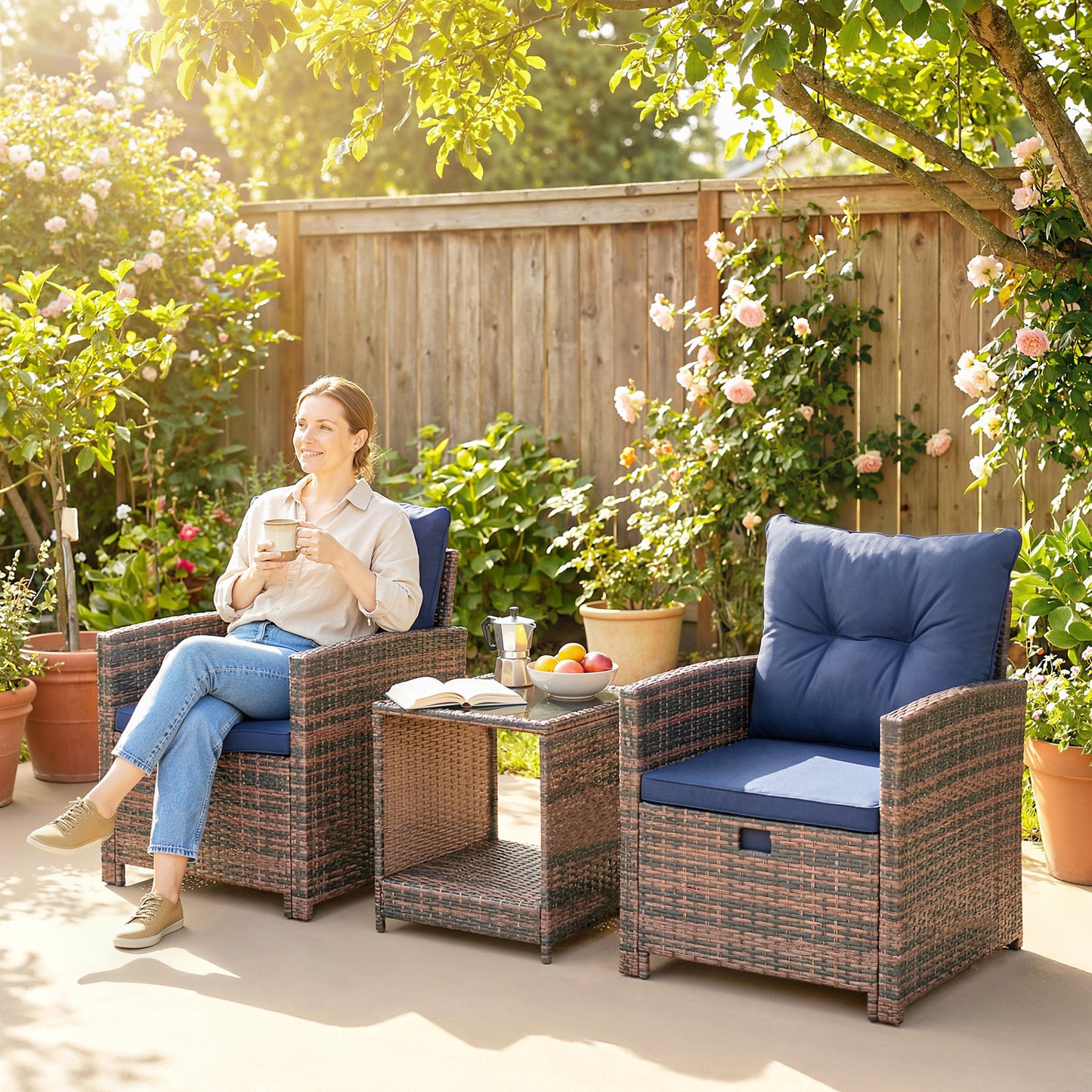 5 Piece Patio Furniture Set, Wicker Patio Chairs with Ottomans, 2-Tier Glass Coffee Table and Cushions, Brown/Dark Blue