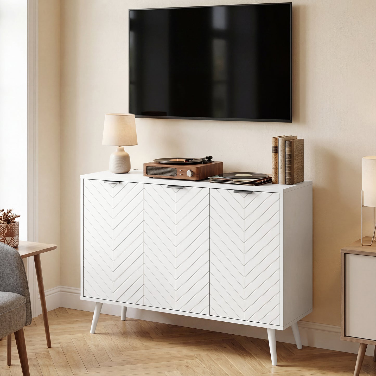 Modern Sideboard and Buffet, Dining Room Cabinet with Adjustable Shelves and 3 Doors, White