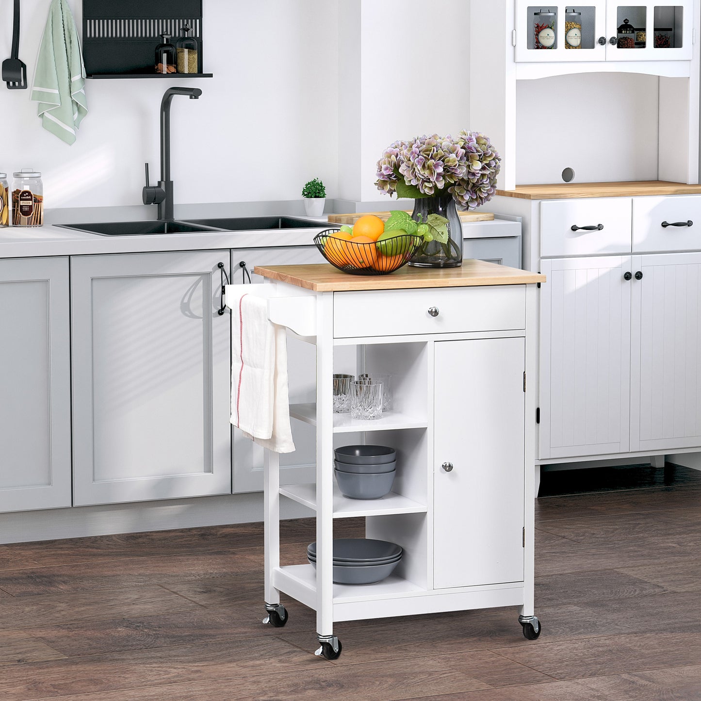 Modern Rolling Kitchen Island Cart with Drawer, Natural Wood Top, Towel Rack, Door Storage Cabinet, White