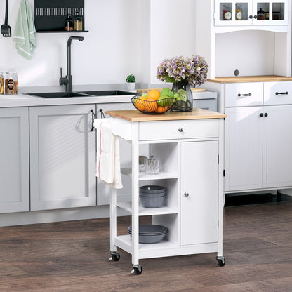 Rolling Kitchen Island with Wood Top and Cabinet - White