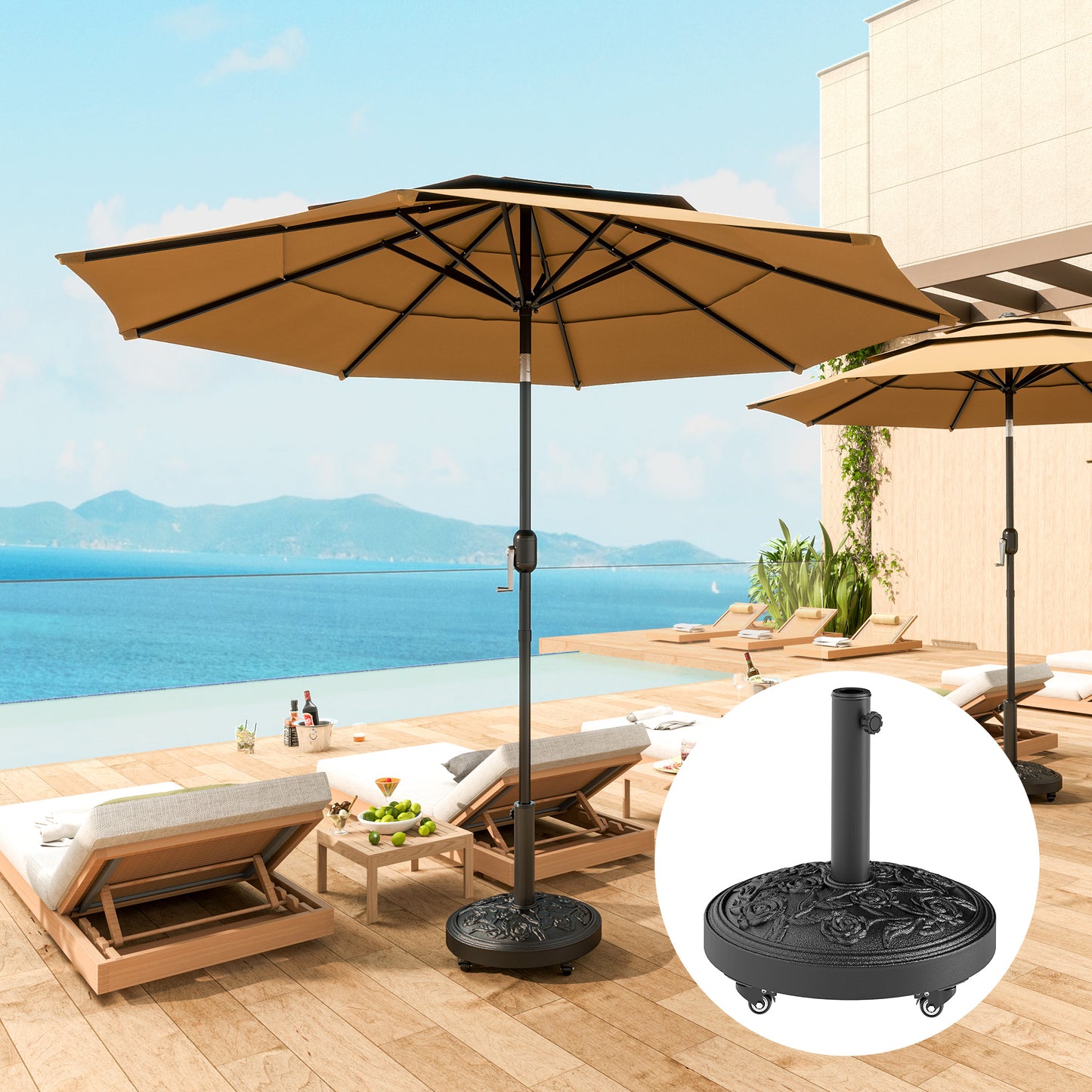 Black Resin Round Umbrella Base, 46 lbs with Wheels