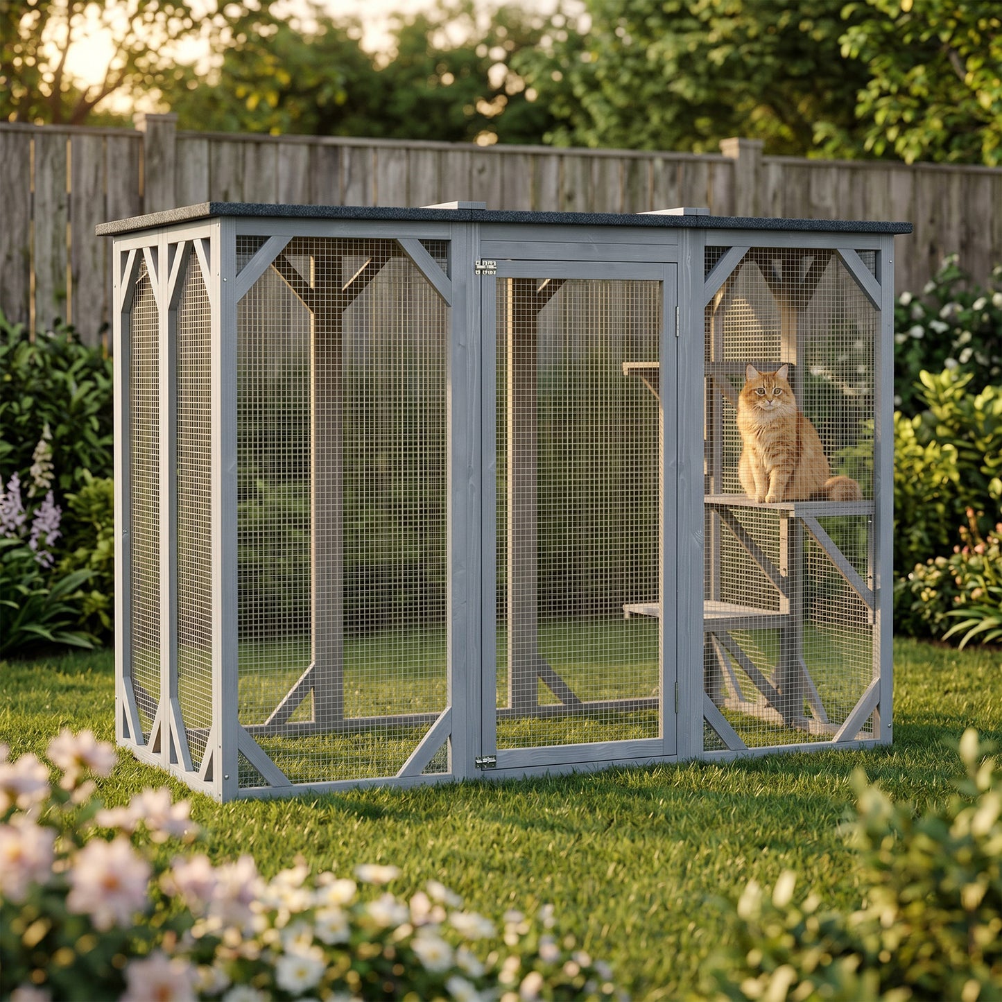 44.1" H Cat Cage, Indoor Outdoor Wooden Enclosure Pet House, Small Animal Cage Hutch, Suitable for Rabbit, Dogs, Kitten, Crate Kennel with Waterproof Roof, Multi-Level Platforms, Lock, Grey