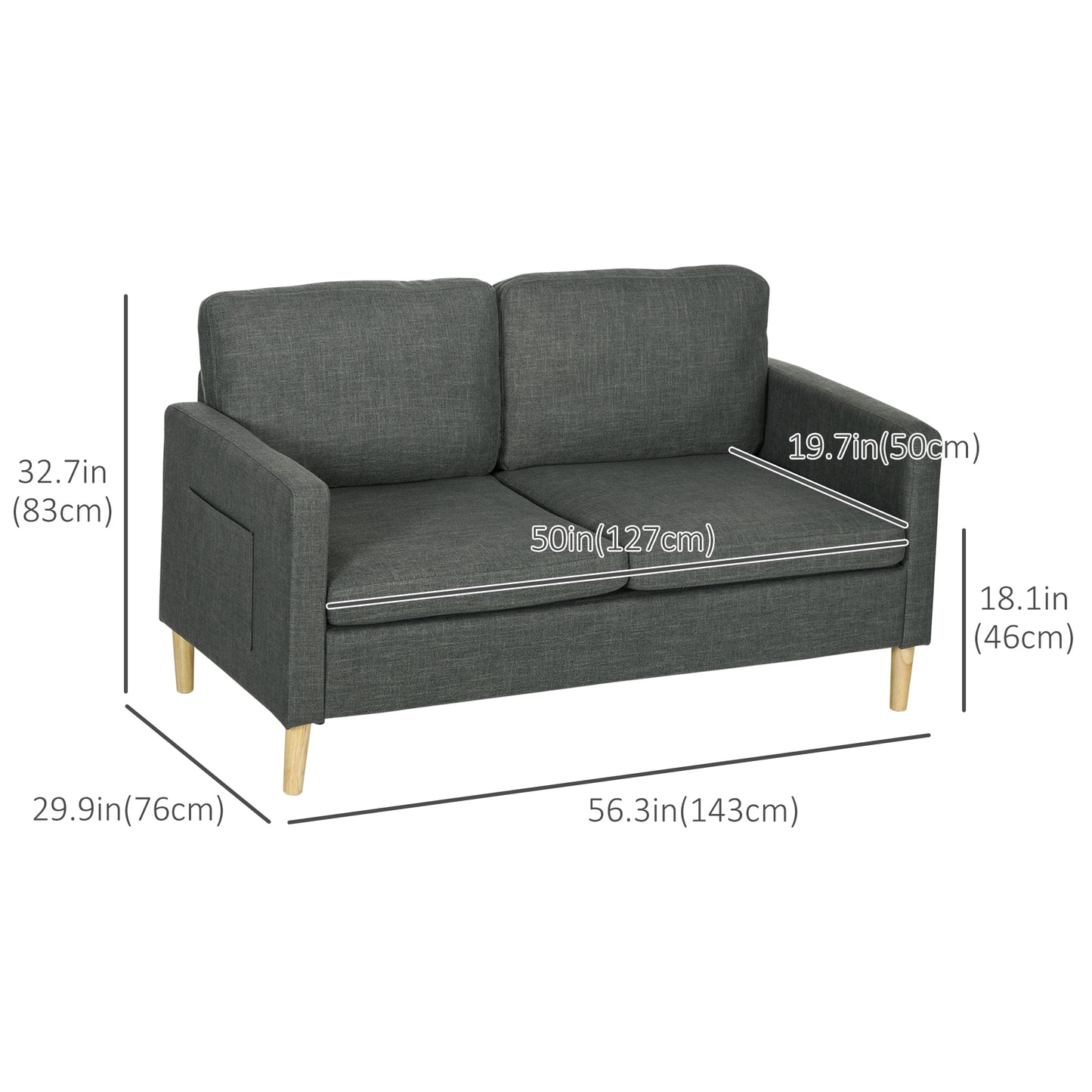 56" 2 Seat Sofa, Modern Love Seats Furniture, Upholstered 2 Seater Couch with Side Pockets, Solid Wood Frame, Grey