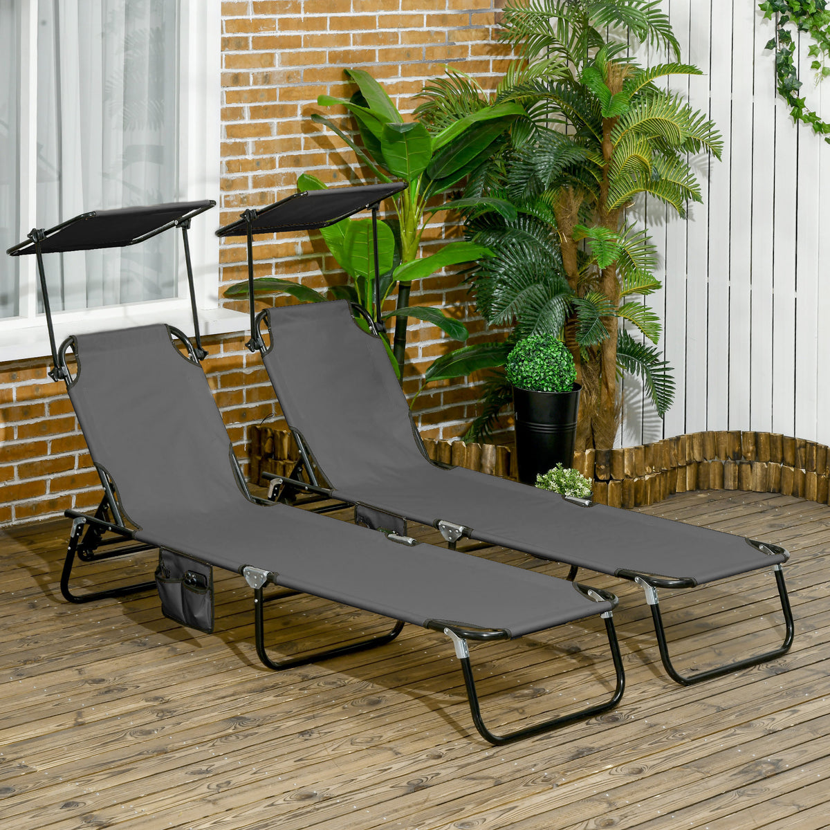 2 Piece Folding Outdoor Chaise Lounges, Pool Tanning Chairs with Reclining Back, Sunshade for Beach, Patio, Dark Grey