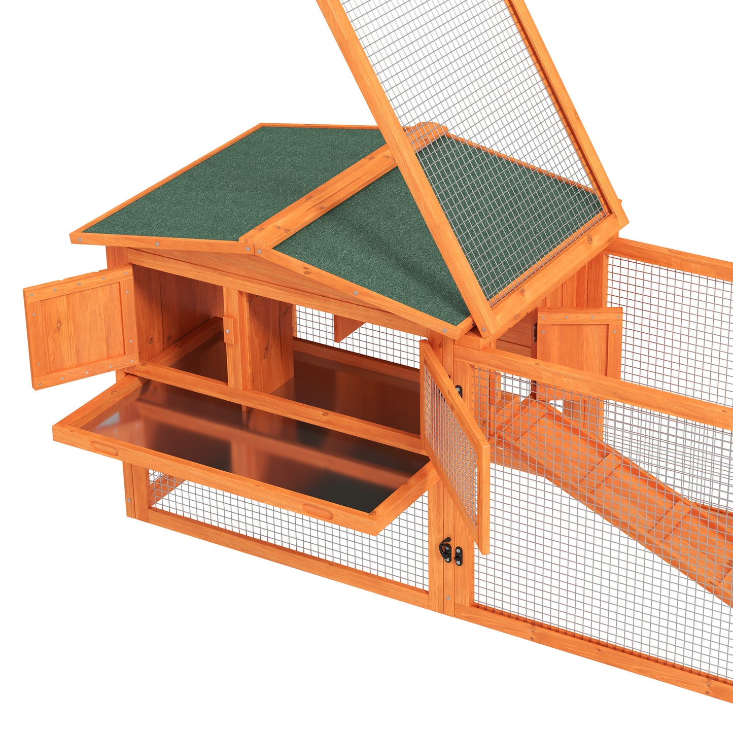 Wooden Rabbit Hutch Guinea Pig House with Removable Tray, Openable Roof, Trough, Run for Tortoises and Ferrets, Orange
