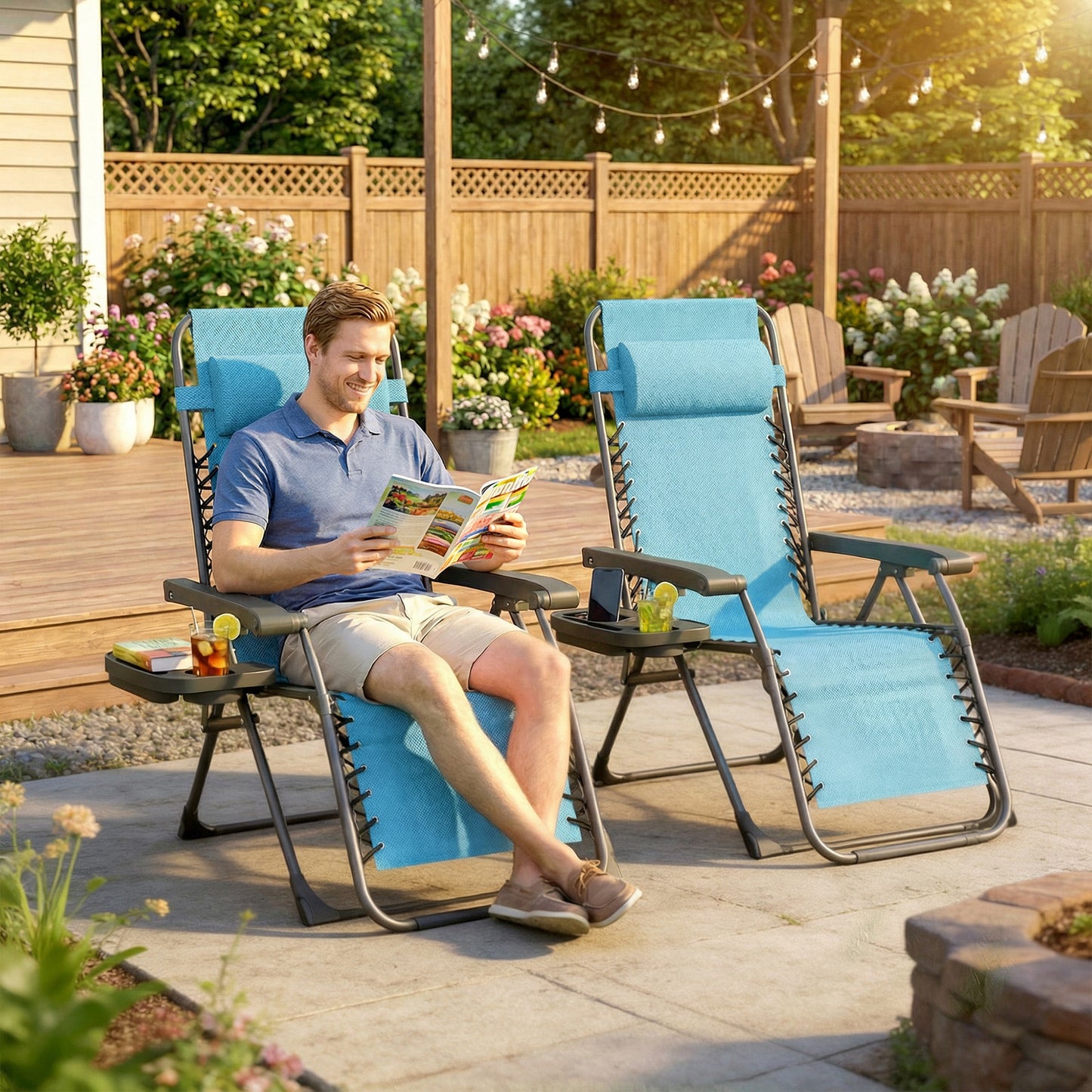 Zero Gravity Chair Set of 2, Folding Reclining Outdoor Lounge Chair with Cup Holder, Headrest, Sky Blue