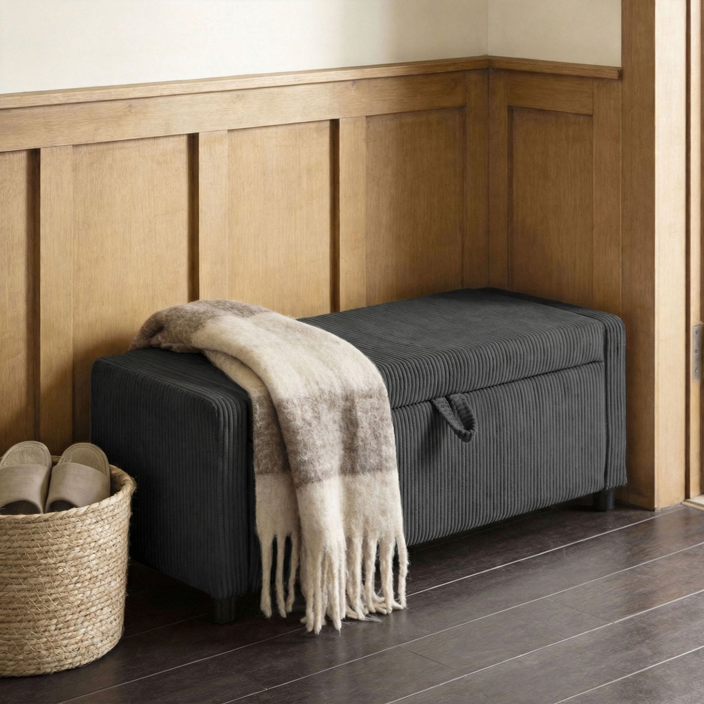 Storage Ottoman, Upholstered Corduroy End of Bed Bench with Thick Padding, Storage Bench for Bedroom, Dark Grey