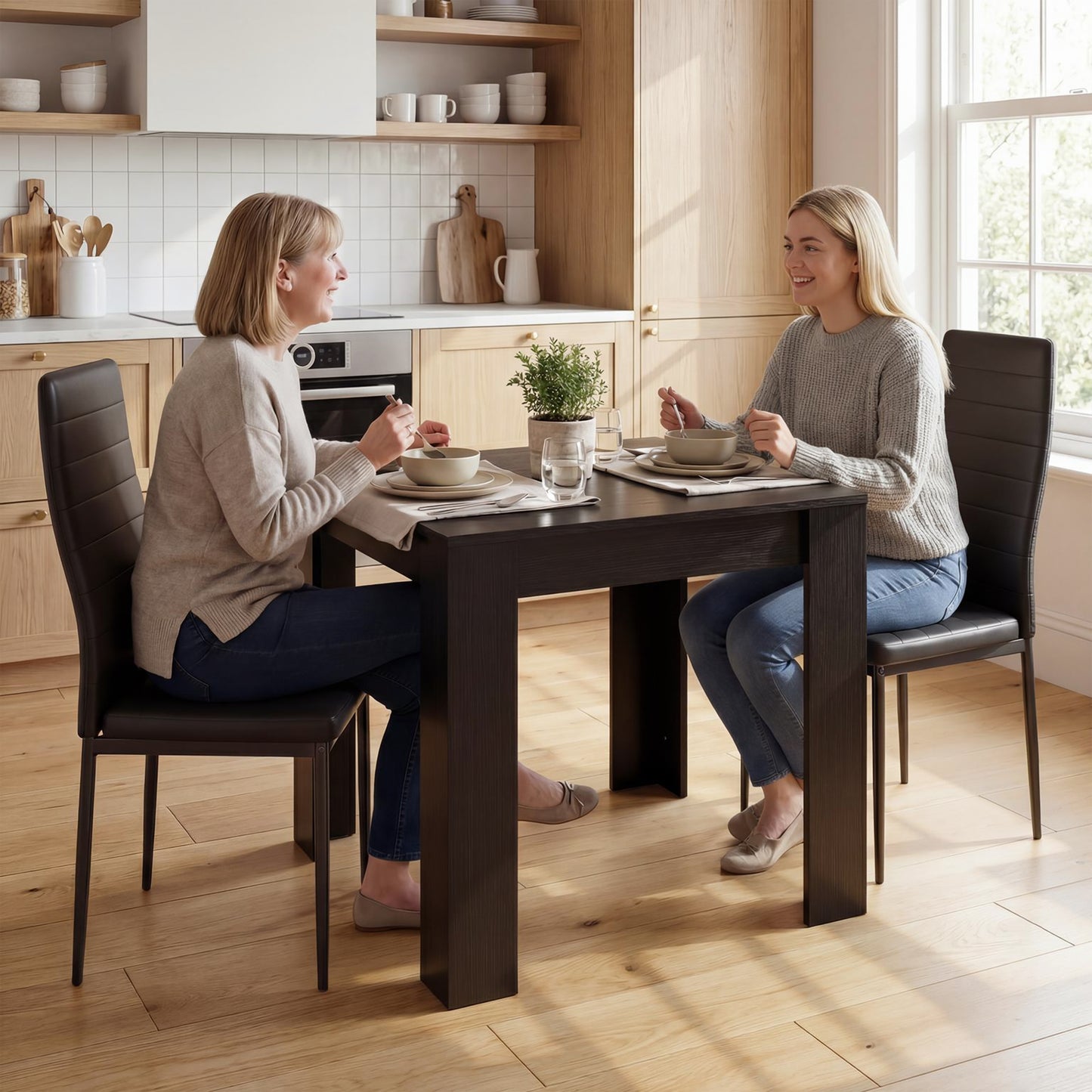 Dining Table Set for 2, Square Kitchen Table and Chairs, Dining Room Table and PU Leather Upholstered Chairs, Black