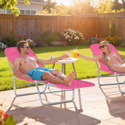Outdoor Lounge Chair, Portable Reclining Seat, Folding Chaise Lounge, Tanning Chair Bed with Pillow, Pink - Pink