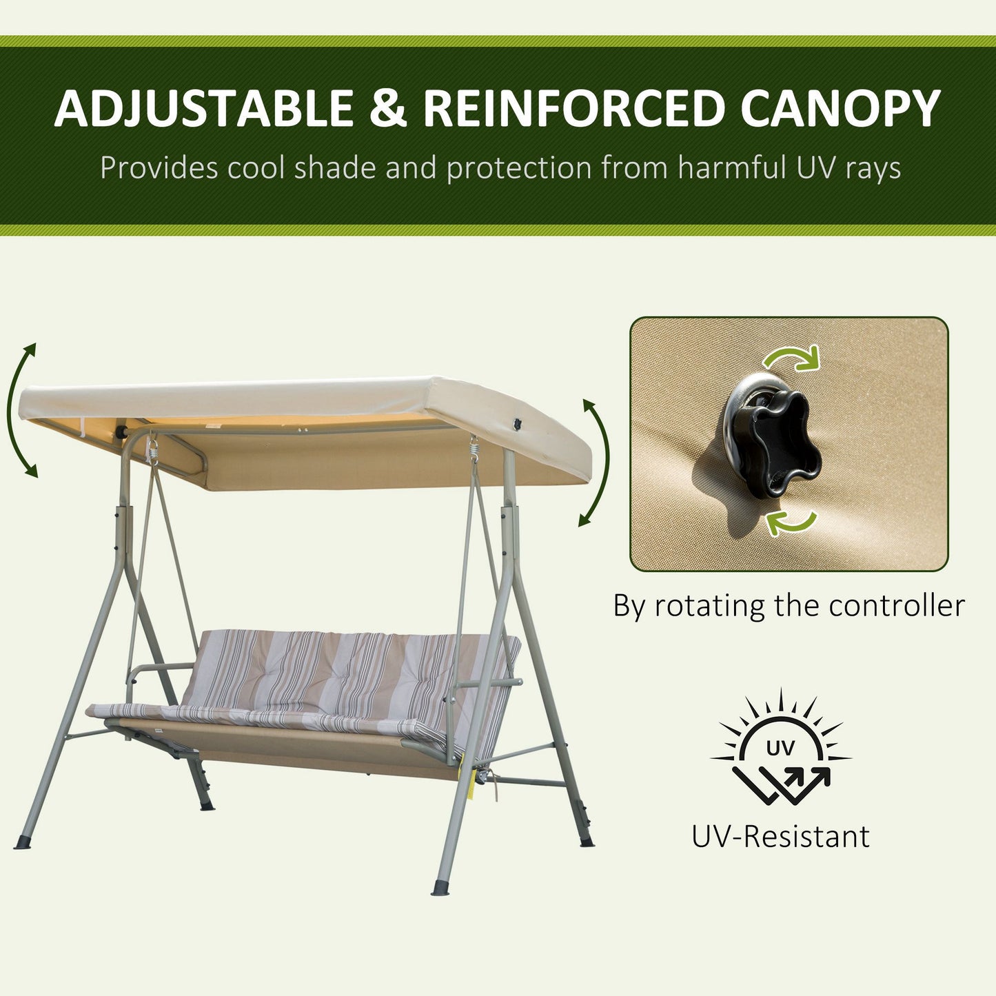 3-Seat Patio Swing Chair, Outdoor Porch Swing Glider with Adjustable Canopy, Light Brown