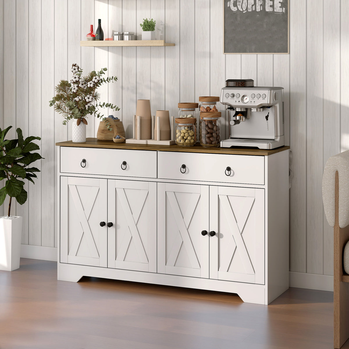 Kitchen Sideboard Cabinet with 2 Drawers, 4 Barn Doors and 2 Adjustable Shelves, Buffet Table for Living Room, White