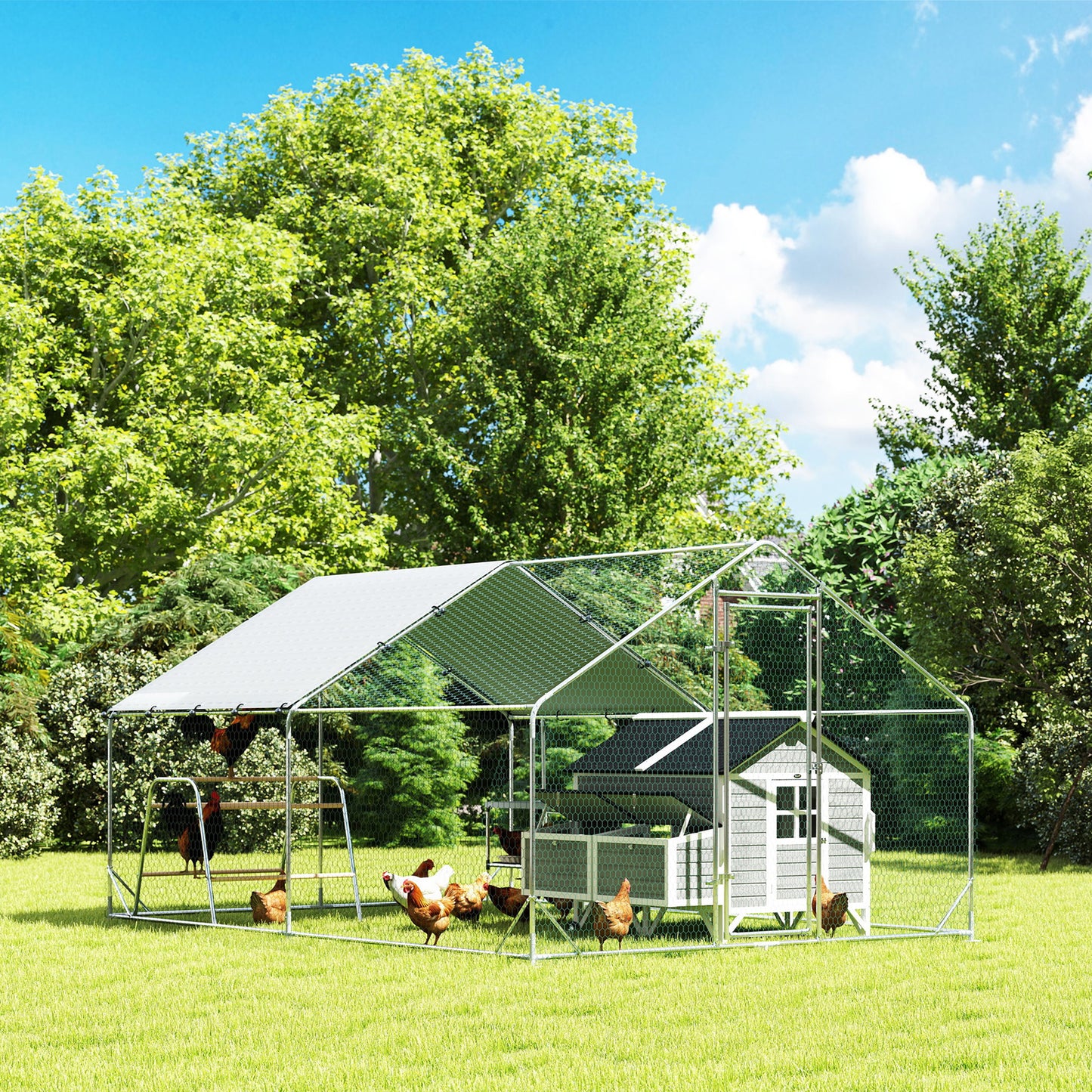 Metal Chicken Coop Run w/ Waterproof Cover, Nesting Box, Roosting Bars, for Outdoor Backyard - 9.8' x 13.1' x 6.4'