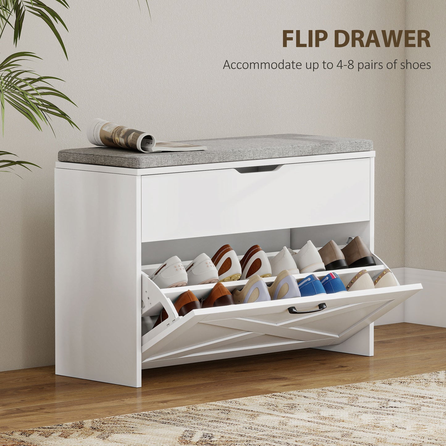 Shoe Storage Bench with Flip Drawer and Lift Top Storage, Entryway Bench with Seat Cushion for Hallway, White