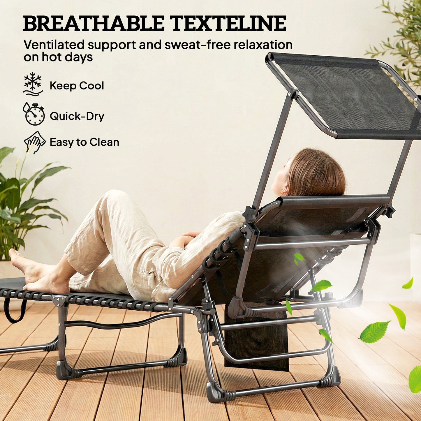 Lounge Chair Outdoor, Folding Chaise Lounge with 5-Level Adjustable Back, Cushion, Side Pocket and Headrest