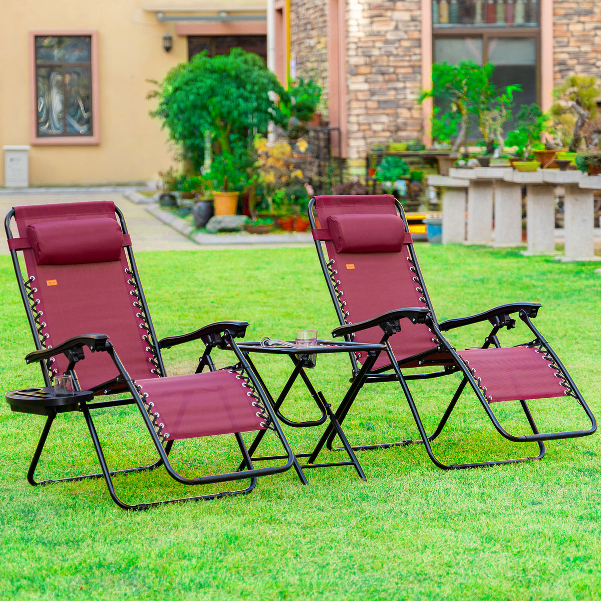 Zero Gravity Chair Set of 2 Patio Chair with Side Table Cupholders and Pillows for Pool, Backyard, Lawn, Beach, Red