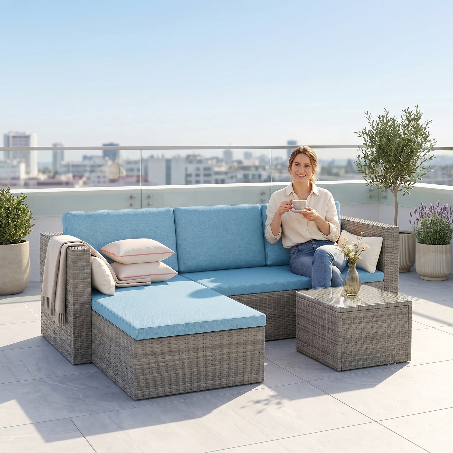 3-Piece Patio Furniture Set Modern Sectional Sofa Rattan Chair Wicker Conversation Set Outdoor Hand Woven Rattan Wicker Furniture Patio Coffee Table Sofa Set, Blue