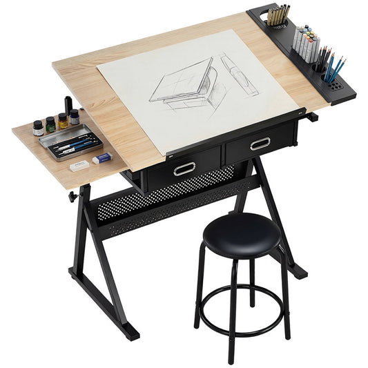 Adjustable Drafting Table with Stool and Storage - Oak