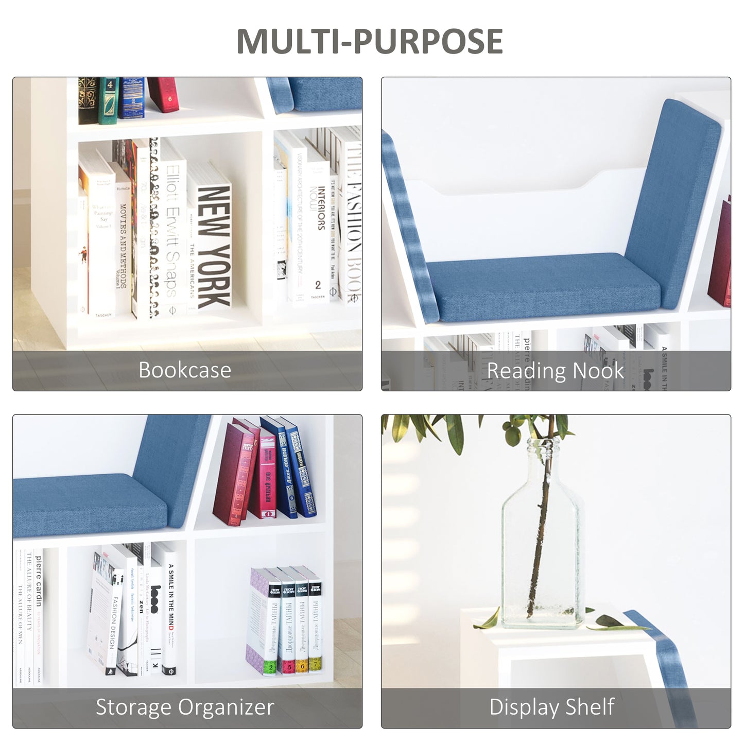 6-Cubby Bookcase with Seat Cushion, Cube Storage Shelf with Reading Nook for Home Office, Study, Blue